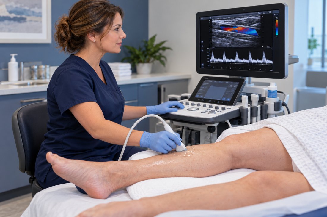 Illustrative female vascular sonographer wearing examination gloves and looking at the Doppler monitor while scanning a lower leg
